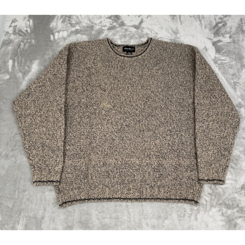 Vintage Eddie Bauer Tweed Wool Sweater Mens XL Brown Beige Chunky Knit Pullover